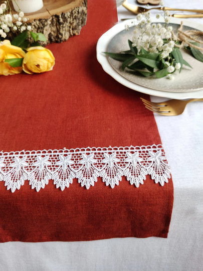 Burnt Orange Linen Table Runner With White Lace, Linen Decor, Table Wedding