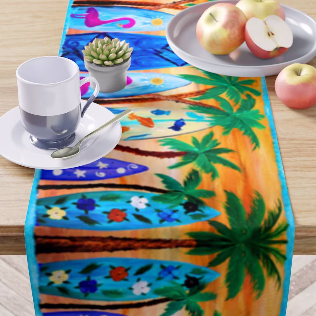 Sunset Surfboards Coastal Home Table Runner Of My Art. Size 90" X 16". Surfboards Beach House Runner. Surfboard Gift Decor