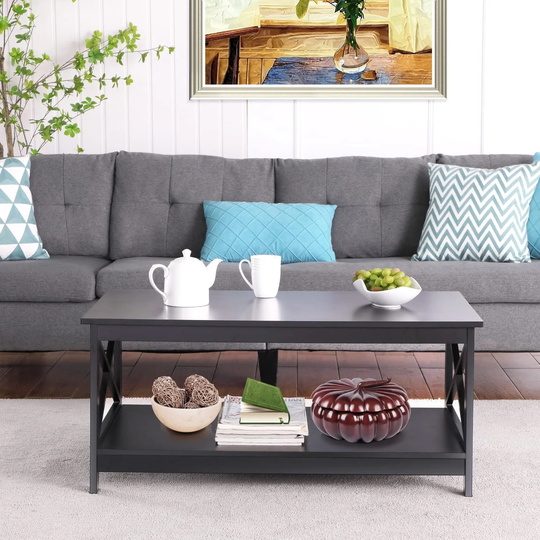 Black Coffee Table 39.57" 2-Tier Oxford Coffee Table with Storage Shelf tea table X Design farmhouse coffee table
