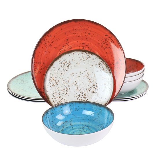 Elama Pryce 12 Piece Melamine Dinnerware Set is Assorted Colors