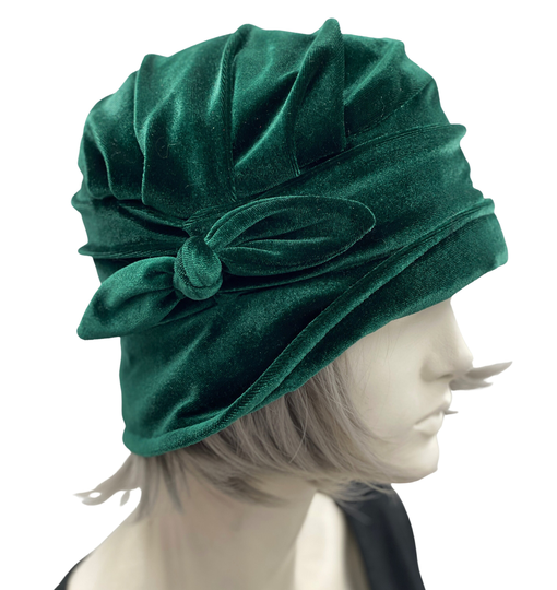 1920S Cloche Hat, Green Velvet With Small Bow, Hat Woman, Satin Lined Handmade in The Usa