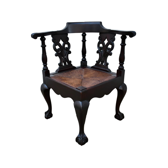 Antique Carved Mahogany Georgian Style Corner Chair With Rush Seat