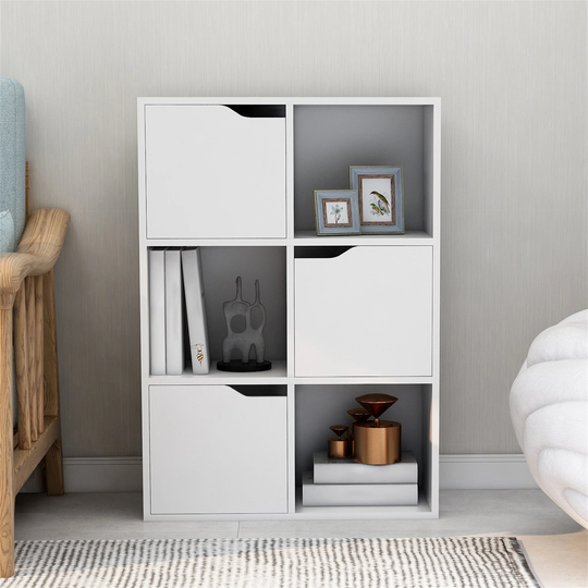 Storage Bookcase with 6 Cube Organizers 3 Cabinets Bookshelf White