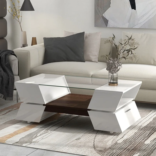Glass 2-Tier Cocktail Table, Coffee Table with Cabinets