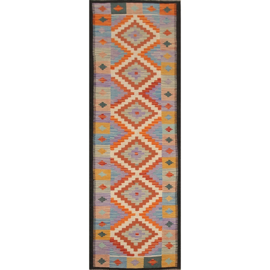 Geometric Multi-Color Kilim Runner Rug Flat-weave Wool Carpet - 2'8"x 9'9"
