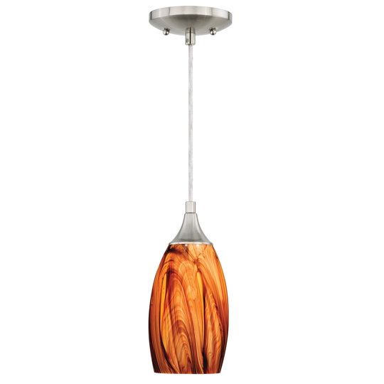 Milano Satin Nickel Mini Pendant Ceiling Light Amber Fire Glass - 4.75-in W x 9.75-in H x 4.75-in D