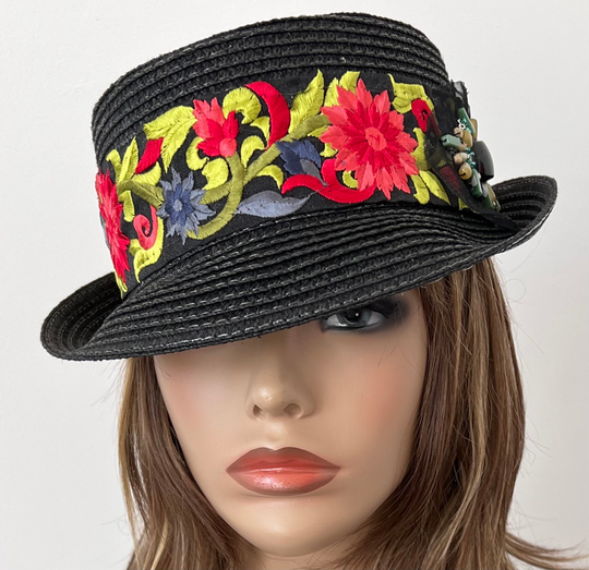 Women's Black Straw Hat With Floral Embroidered Ribbon & Beaded Appliqué, Summer Festival Hat, Church 23" Up To 24" M/L Ready Ship