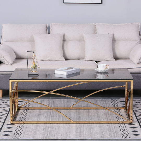 Stainless Steel Rectangular Accent Glass Coffee Table for Living Room- Sleek Center Table with Lounge Table with Blue Gray Glass