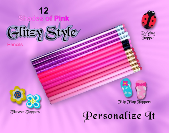 Shades Of Pink Pencils, Back To School Supplies, Personalized Set 12, Glitzy