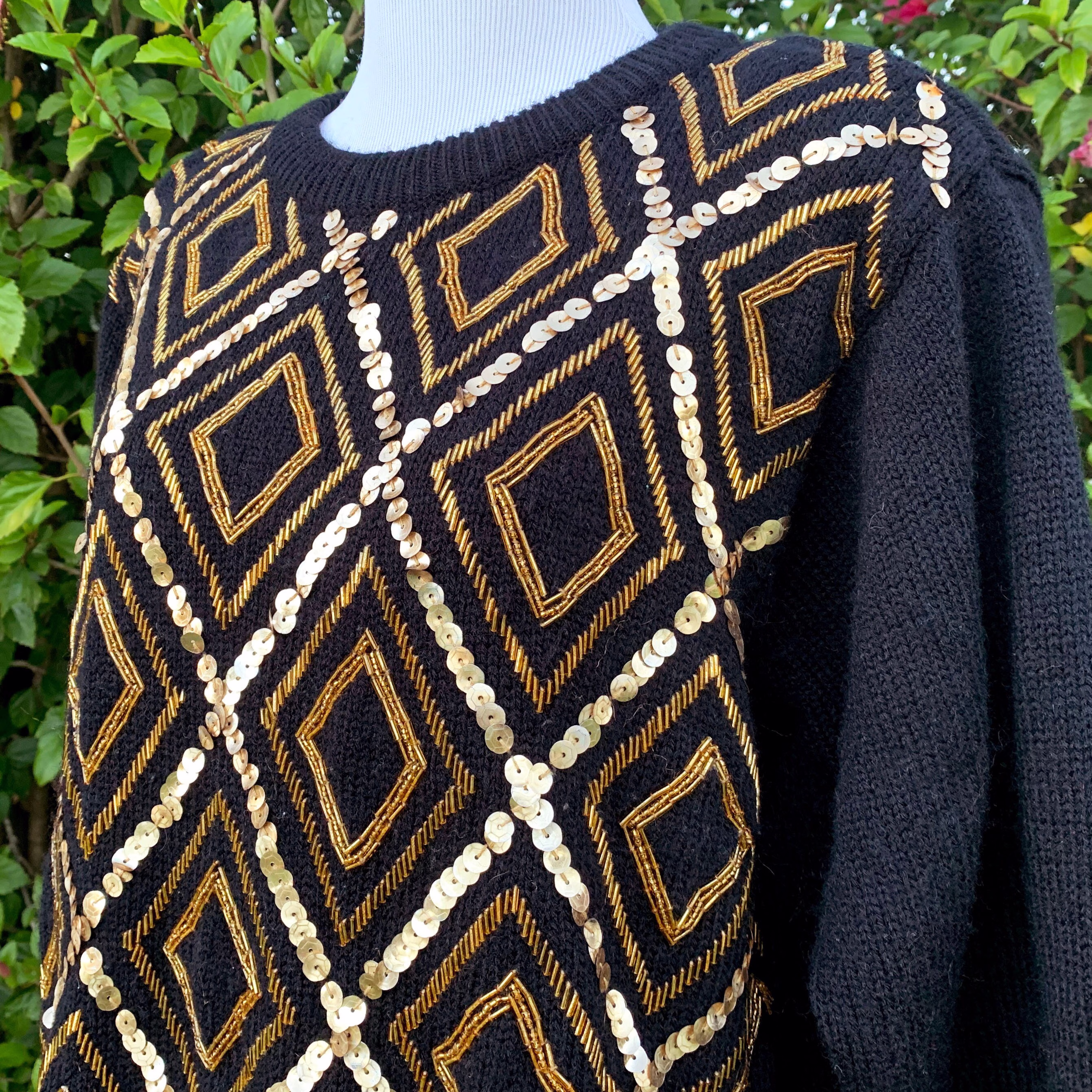 Black & Gold Sequin Sweater 90S Vintage Holiday Christmas Beaded Size Medium Large