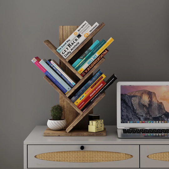 Tree Bookshelf 4-Tier Book Shelf Organizer Wood Display Rack, Mini Desktop Bookshelf for CDs/Books, for Home, Office - N/A