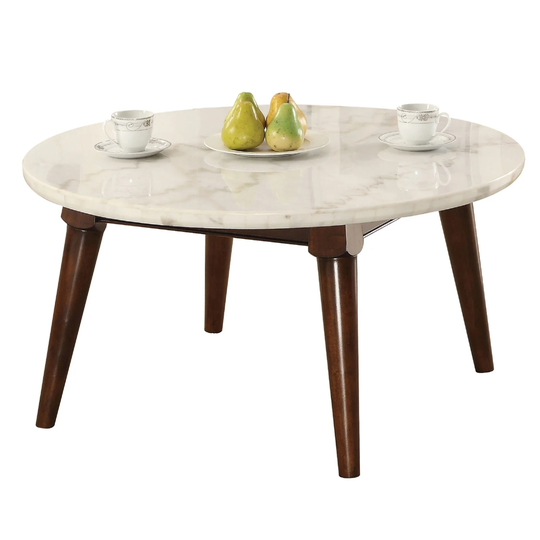Round Marble Coffee Table in White and Walnut
