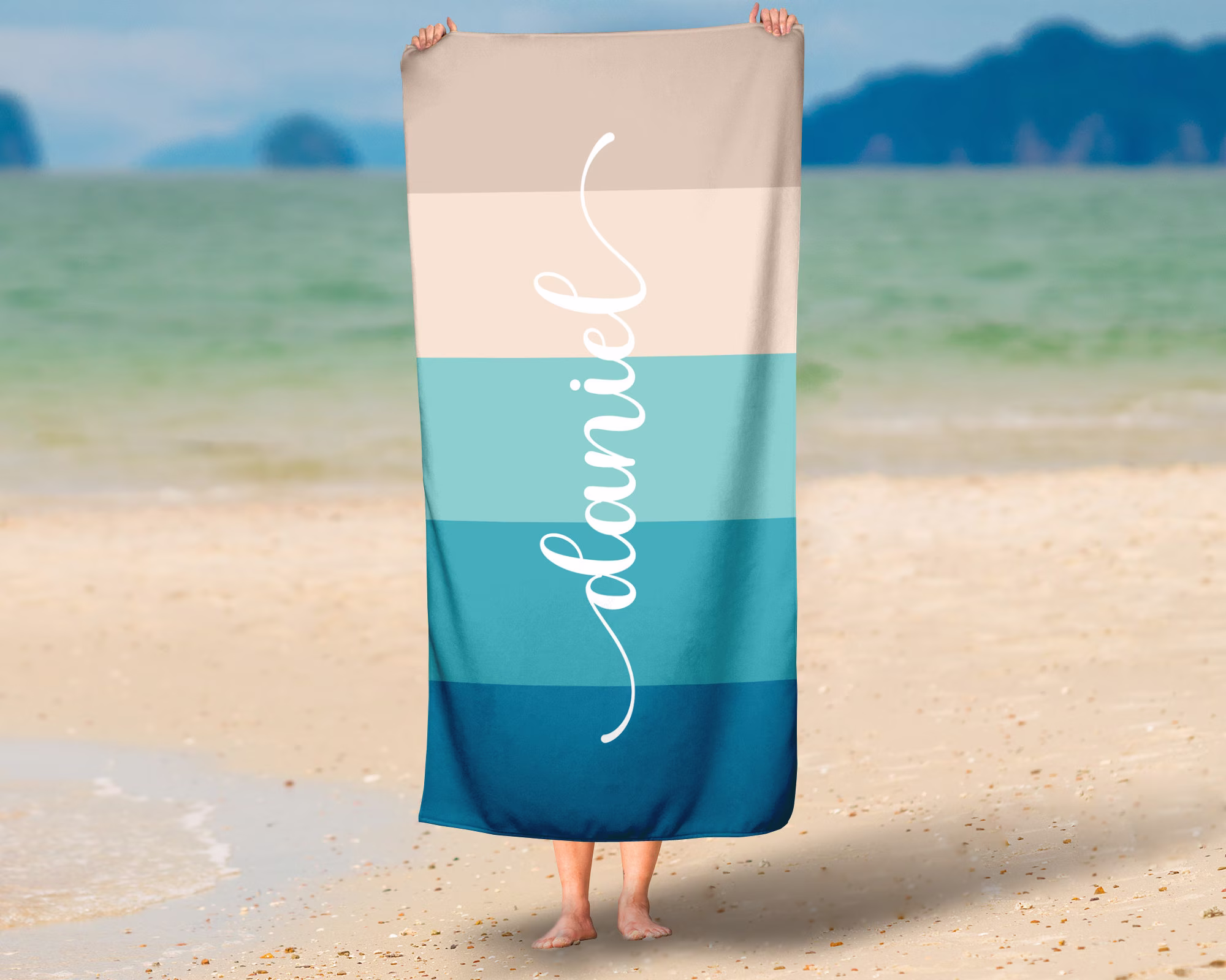 Personalized Color Block Beach Towel in Ocean Blues - Custom Name Stripe Swim Boy Birthday Gift Or Vacation