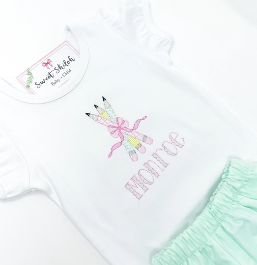 Back To School Shirt, Girls Pre K Kindergarten Monogram Kids Tee, Boutique Clothing, Pencil Trio Tee