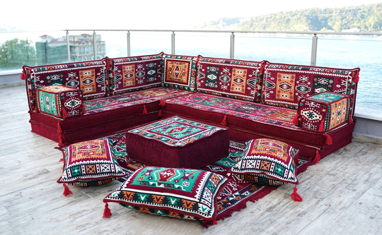 8" Thick Maroon L Shaped Floor Couch, Pillows, Moroccan Livingroom Cushions, Corner Sectional Sofa Set, Arabic Majlis