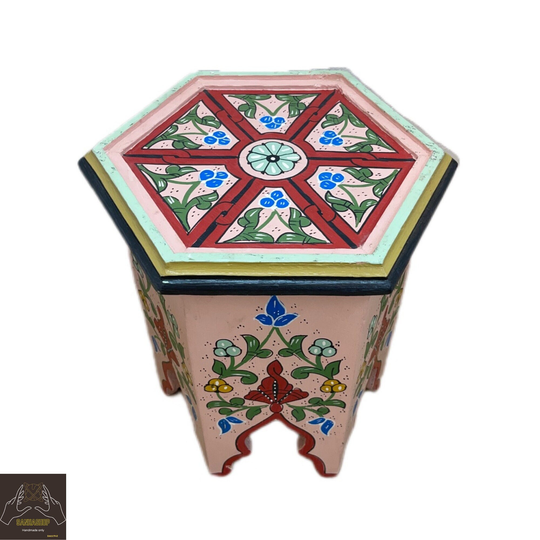 New 2022 Summer Pink Painted Table, Wood Moroccan Design Lovely Hand Hexagonal Hand-Painted Table
