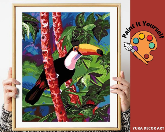 Yellow Toucan Paint By Numbers Kit For Adults, Parrot Bird Easy Diy Art Kids Acrylic Painting Set - Wall Decor