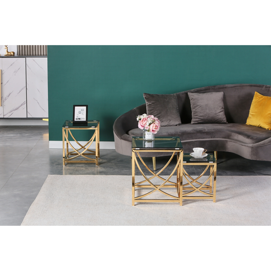 3 Pieces Gold Square Nesting Glass End Tables