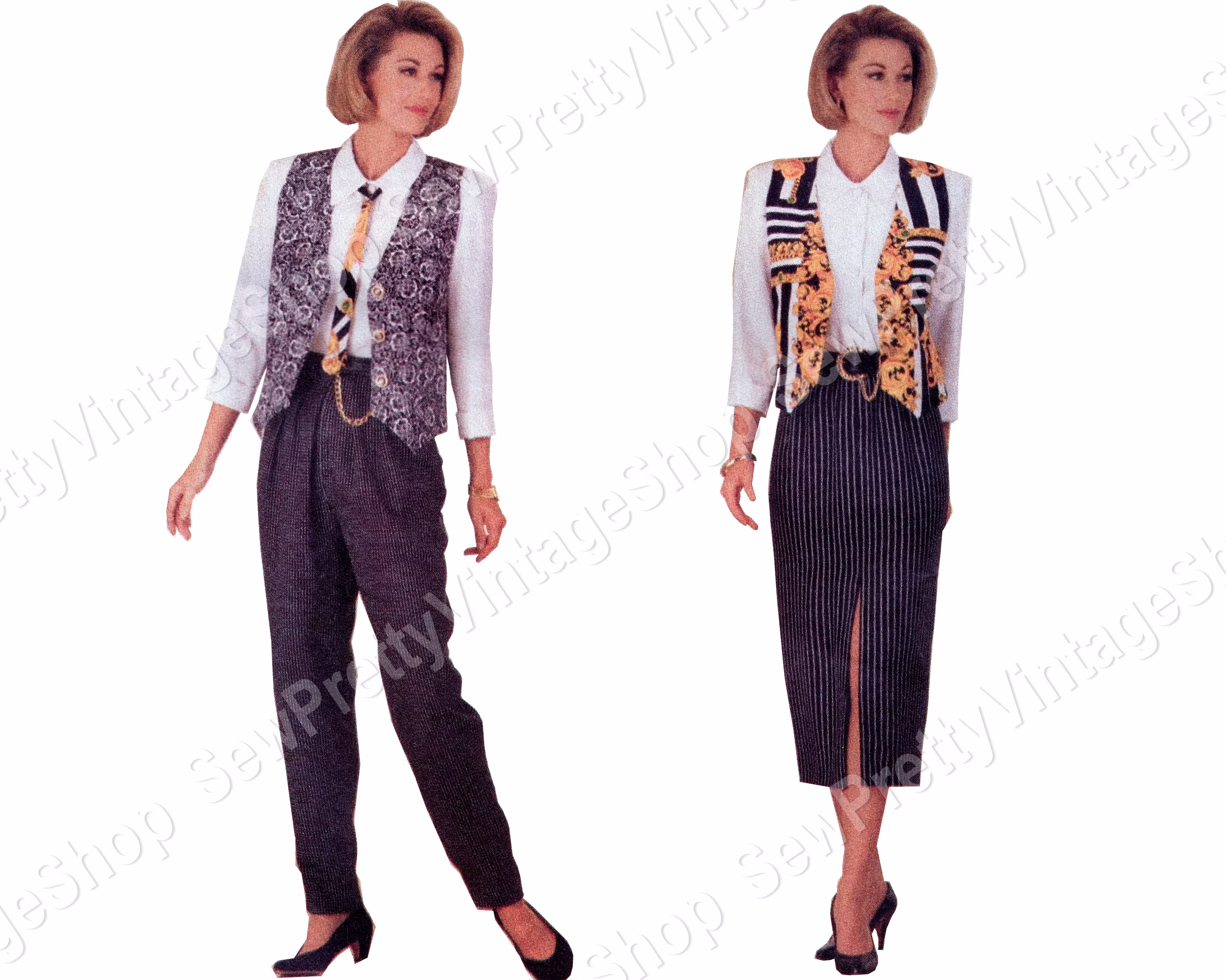 Butterick 6682 90S Modest Capsule Wardrobe Midi Pencil Skirt, Shirt, Tapered Pants, Button Up Vest, Necktie Easy Sewing Pattern Size 6 8 10