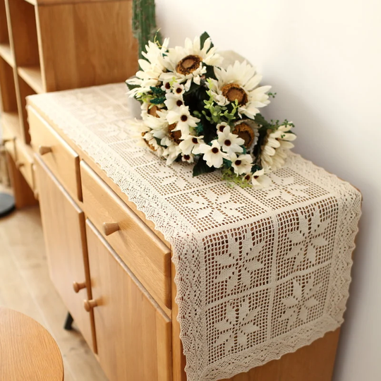 Natural Macrame Cotton Crochet Table Runner With Tassels | 16"Wide Retro Style Runners For Wedding Festival Event Decor