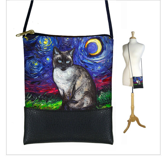 Sg Siamese Cat Small Crossbody Bag, Starry Night Cell Phone Purse, Mini Shoulder Bag, Lover Gift, Crescent Moon Art Blue Black Rts
