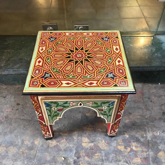 17'' Red Square Wooden Coffee Table, Moroccan French Handmade Wood Hand Painted Tea Table