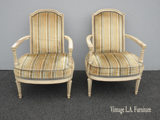 Chairs, Lounge Pair Of Vintage French Country Gold & Green Stripped