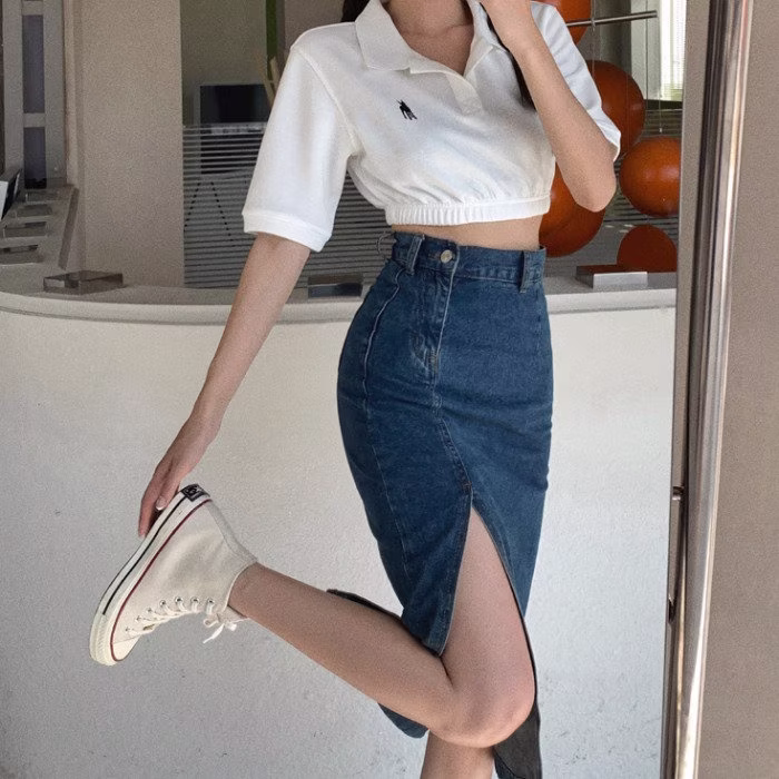Denim Pencil Skirt Slim Side Slit Retro Style High Waist Rise Women Denim Spring Summer Button Jeans