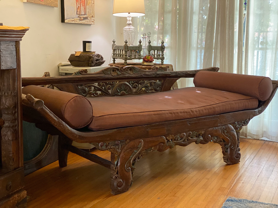 Large Indonesian Teakwood Daybed, Sofa, Carved Daybed, Living Room