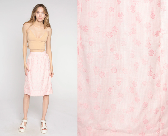 Baby Pink Floral Skirt 60S Knee Length Pencil Retro Pastel High Waist Hippie Boho Girly Feminine Pockets 1960S Vintage 2Xs Xxs 22