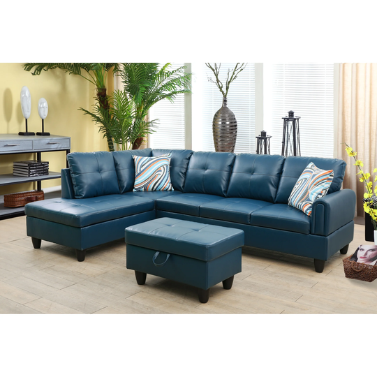 Aquamarine 3-Pieces Sectional Sofa Set,Denim,Faux Leather(09731)
