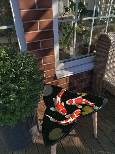Triangle Coffee Table With Fish Pattern Black Wooden Tea-Poy Low White-Red Nishikigoi Carp Print As Japan Inspired Furniture