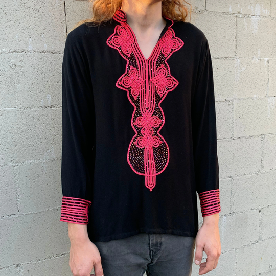 Black & Hot Pink Tunic Beaded Embroidered Long Sleeve Boho Hippie Vintage 80S 90S Dashiki Style Ethnic Shirt Medium Large
