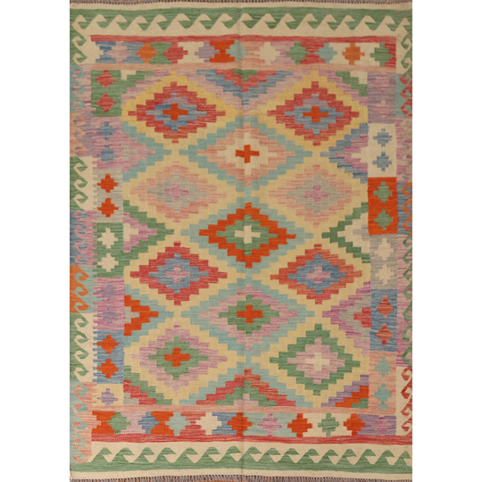 Colorful Geometric Kilim Area Rug Hand-woven Wool Carpet - 4'11" x 6'6"