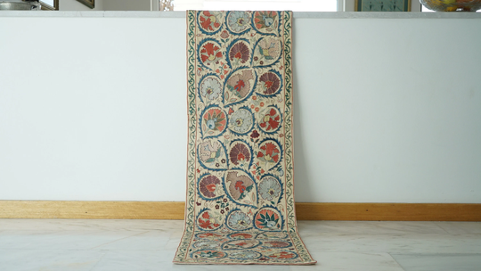 Silk Embroidery Suzani Table Runner, Linen Coverlet, Batik Quilt, Woven Throw Quilted Art Deco Cloth, Vintage Tapestry