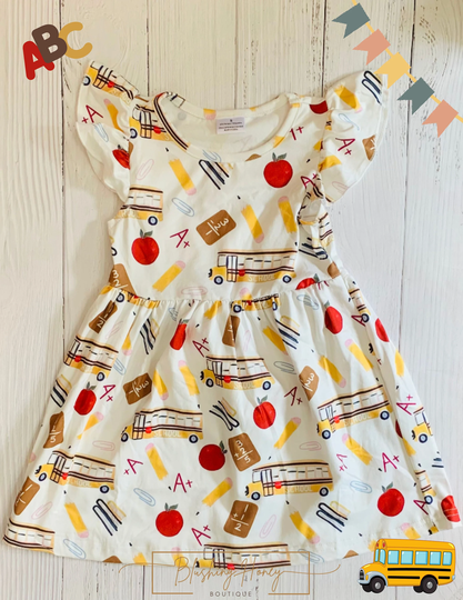 Milk Silk School Back To Bus Flutter Sleeve Dress, Girls Alphabet, Math, Pencil, Apple Dress Ships in 24 Hours Comfortable & Soft