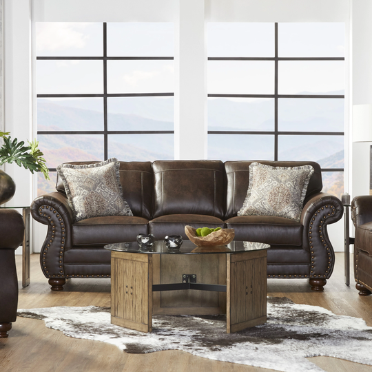 Roundhill Furniture Leinster Fabric Upholstered Nailhead Sofa in Espresso