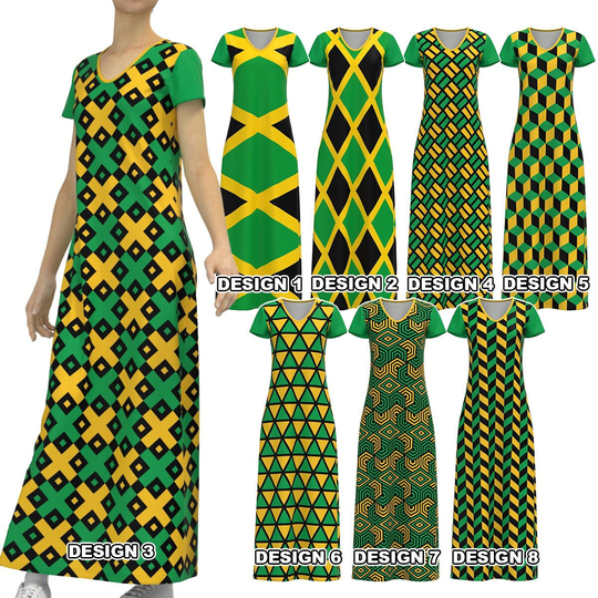 Jamaica The Cross Flag Color Inspired Black Green Gold Yellow Jamaican Short Sleeve Modest Long Maxi Dress