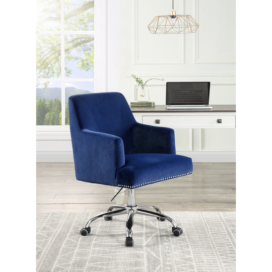Modern Chrome Finish Blue Velvet Office Chair, with Padded Seat and Back, Swivel Seat and Adjustable Lift 360 Degree