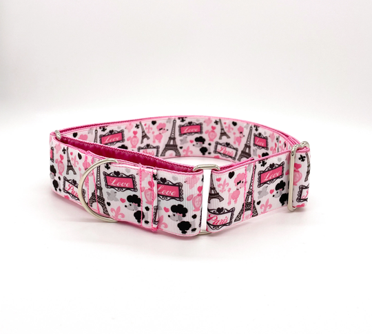Satin-Lined Martingale Dog Collar - Pink Paris Poodle Colorful Handmade Multiple Sizes Available