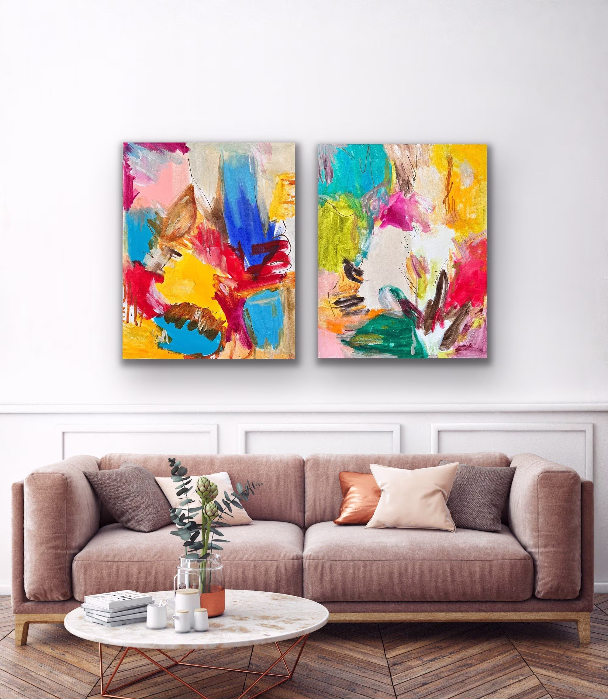 Original Two Piece Colorful Abstract Art - Moderna Modern Colorful Artwork. Multi-Colored Wall Art. Contemporary Bright