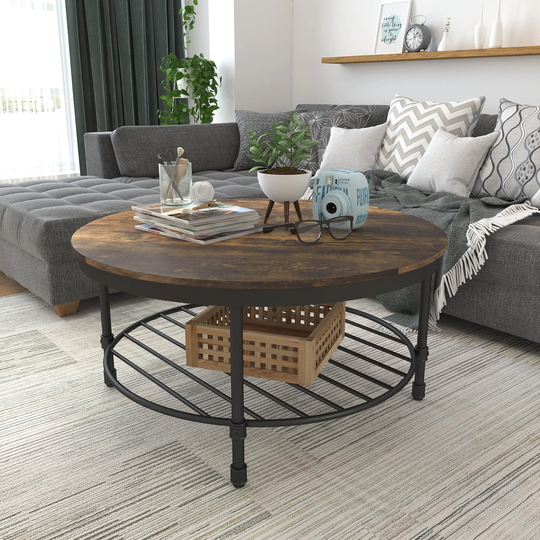2-Tier Round Coffee Table with Storage Open Shelf, 35" Wooden Industrial Sofa Cocktail Table
