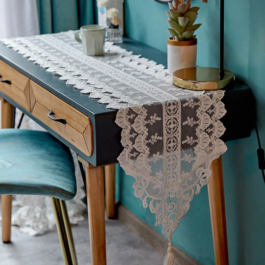 Romantic Lace Flower Table Runner, Dresser Scarf, Macrame Embroidered Runners, Piano Runner For Holiday/ Wedding/Valentines Day