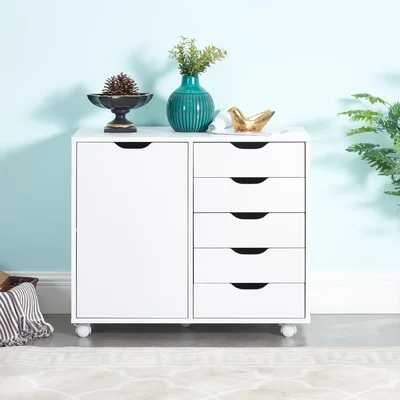 5 Drawer Chest, Wood Storage Dresser Cabinet with Wheels, Craft Storage Organization