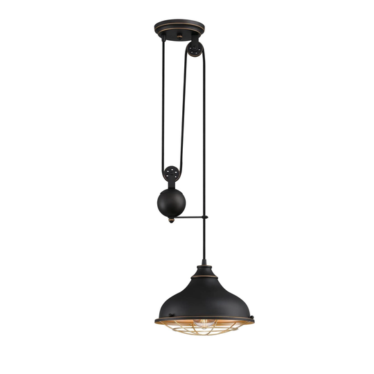 Westinghouse Lighting Chaves One Light Indoor Pulley Pendant, Black-Bronze Finish with Highlights, Golden Brass Cage Shade