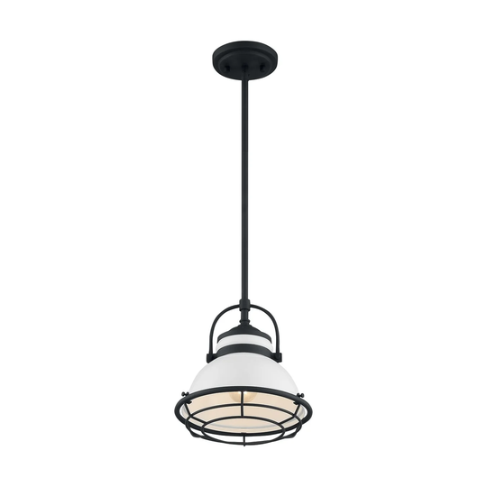 Upton 1-Light Small Pendant Fixture - Gloss White Finish with Textured Black Accents - Gloss White / Black Accents