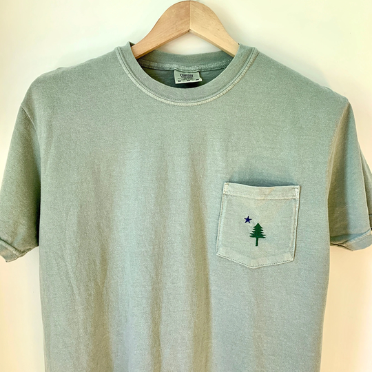 Maine Flag Comfort Colors Embroidered Pocket Tee, T-Shirt, Shirt, Made in Maine, Gift For Dad, Mainemade T-Shirt