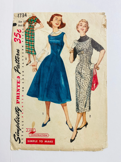 Simplicity 1734 Bust 33" Vintage 1950S Sewing Pattern 1956 50S High Waist Jumper Dress Full Pencil Skirt