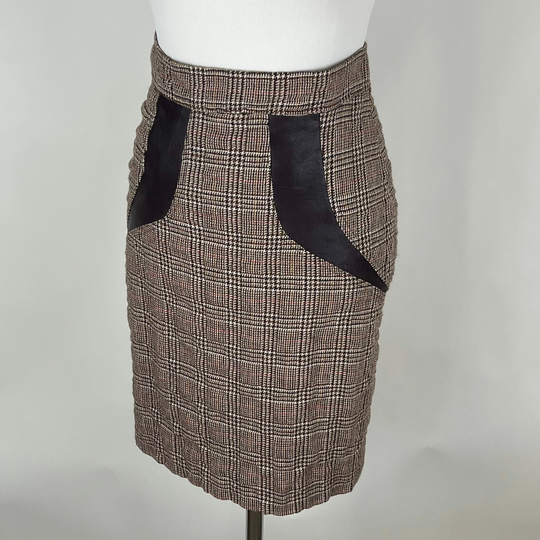 Brown Plaid Pencil Skirt Small Nineties Leather Accent Preppy Louis Verdad Houndstooth Cream Orange