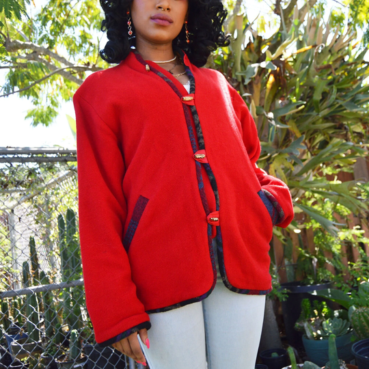 Red Wool Jacket Toggle Closure Plaid Trim Vintage Chinese Comfy With Silky Lining Cute Warm Size Small To Medium